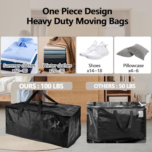 4 Pack Real 100lb Capacity Heavy Duty Moving Bags with Strong Zippers and Reinforced Handles, Extra Large Storage Totes for Packing & Moving Storing, Space Saving Alternative to Moving Boxes-95L,Black - color: Black, size: 4 Pack