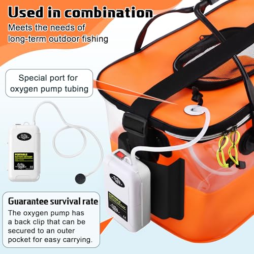 3 Pcs Fishing Bucket, Live Bait Aerator and Fishing Cast Net with Heavy Duty Sinker Foldable Live Bait Bucket Portable Quiet Aerator Fish Transport Container Outdoor EVA Bag - color: Orange