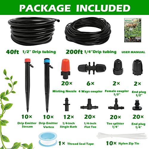 Maotong 240FT Drip Irrigation System Kit, Automatic Garden Watering Misting System for Greenhouse, Yard, Lawn, Plant with 1/2 inch Hose 1/4 inch Distribution Tubing and Accessories - size: 240 FT (40FT Main tube+200FT Distribution tube)