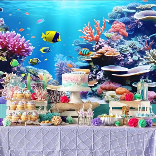 10x10ft Under The Sea Photography Backdrop Ocean Underwater World Scenery Photo Background Colorful Coral Sea Theme Birthday Baby Shower Party Decorations Photo Booth Studio Props - color: Blue, size: 10x10ft