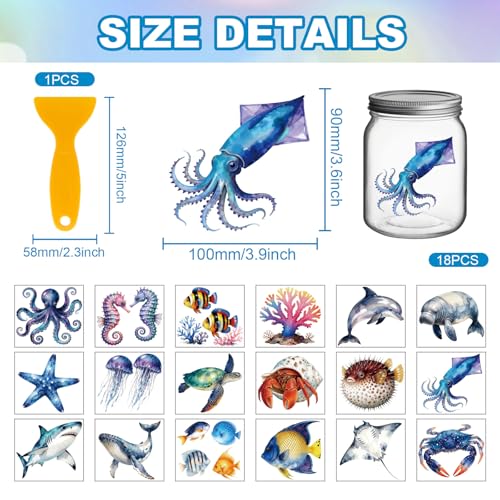 GLOBLELAND 18 Sheets Ocean Animals Transfer Stickers 3.9x3.6 Inch Summer Colorful Transfer Decal Octopus Jellyfish Rub on Transfer for Cup Decal Vase Glass Art Crafts Decorations - style: Ocean Animals