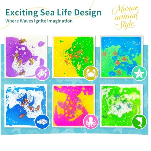 Liquid Sensory Floor Tiles for Kids Ages 3+ - Colorful Liquid Play Mat with Glitter & Sea Creatures, Interactive Fidget Pad for Toddlers, Perfect for Classroom, Home & School (6-Pack) - style: Ocean Tiles (6-Pack)