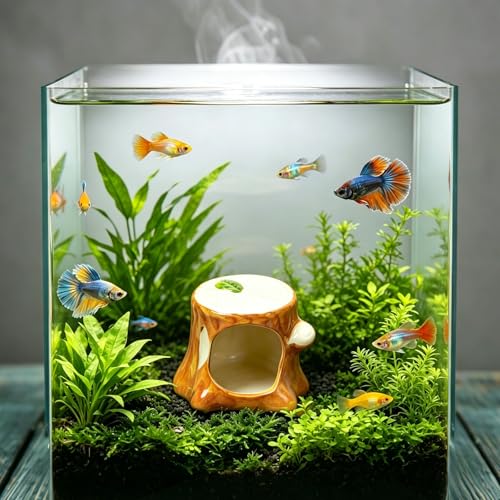 Aquarium Decor Ceramic Tree Stump Aquarium Hideout Cave, Betta Fish Tank Decor Ornament, Hiding & Breeding House for Small Fish, Shrimp, Cichlid, Goldfish & Reptiles
