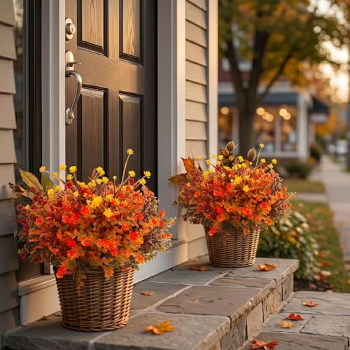 Hananona 12 Pcs Artificial Fall Flowers Outdoor, Faux Artificial Plants UV Resistant Plastic Autumn Flower for Hanging Planter Front Door Porch Window Home Decor (12, Orange) - color: Orange