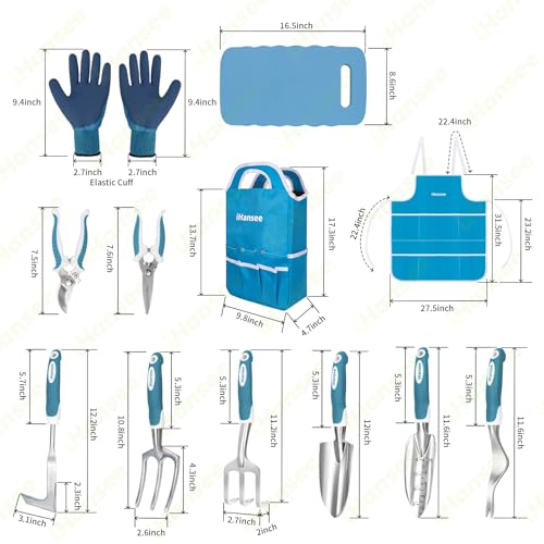 Blue Garden Tool Sets 12-Piece, Aluminum Gardening Hand Tools w/Ergonomic Handle, Garden Supplies Organizer Handbag, Kneeling Pad, Apron and Gloves, Gift for Women, Garden Starter Kit for Women - style: blue