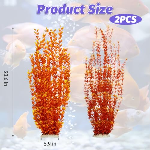Hamiledyi Aquarium Plastic Plants Aquarium Decor Artificial Fish Tank Plants,Tall Fish Tank Decorations, Extra Large Aquarium Plant 23.6-inch Tall,2PCS（Orange Style A） - color: Orange（style A）