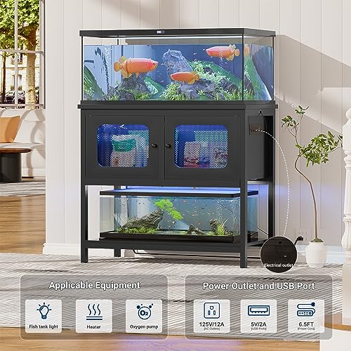 iSunirm 40-50 Gallon Fish Tank Stand, Aquarium Stand with Cabinet Accessories Storage, Heavy Duty Metal Frame, Reptile Terrarium Stand, 37.5" L*18.89" W Tabletop, 880LBS Capacity, Black