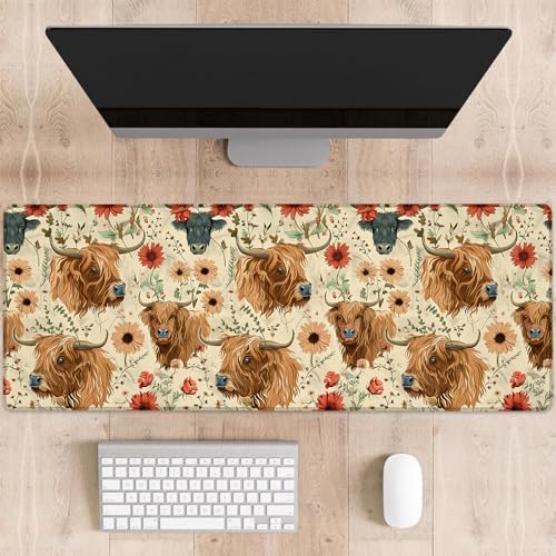 Cute Highland Cow Gaming Mouse Pad, Rustic Floral with Cattle Large Desk Mat for Computer, Extended Keyboard Laptop Mouse Pads 31.5×11.8in, Non Slip Rubber Mousepad for Office Decor Gifts - color: Highland Cow21