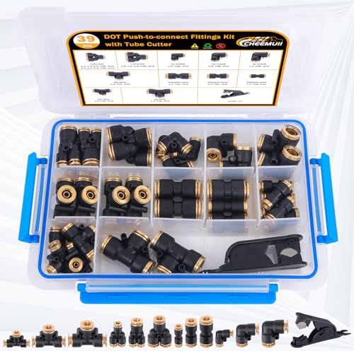 CheeMuii 39 PCS DOT Air Line Quick Connect Fittings 1/4" 3/8" 1/2" Push to Connect Fittings DOT Brass Air Hose Fittings Repair Kit for Semi Truck Air Line Kit or Industrial Air System - size: 39PCS