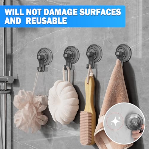 TACGEA Suction Cup Hooks for Shower, Powerful Vacuum Shower Hook for Towel, Robe, Loofah - Reuseable and Removeable Bathroom Hook, Gray, 4 Pack - color: Gray, size: 4 Pack