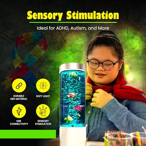 Brewish Bubble Fish Lamp | Desktop Sensory LED Bubble Lamps | 7 Color Changing Fake Aquarium Night Light | Artificial Fish Tank with Moving Fishes | Home Decor, Gift for Kids, Adults, ADHD & Autism