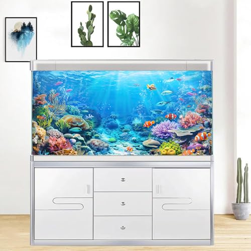 Underwater World Aquarium Background, Seaworld Ocean Floor Tropical Fish Coral Reef Aquatic Nature Plant Fish Tank Backdrop Decor, Polyester Fabric with 6 EVA Double-Sided Tapes 36x18 inches/90x45cm - color: Blue-1, size: 36"L x 18"W