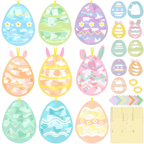 Renbuzhu 48PCS Easter Crafts Bulk: Eggs Paper Suncatchers DIY Kit for Activities Decorations, Window Stained Glass Effect Art Ornaments - style: easter egg