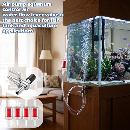 10 Pack Single Way T Shaped Air Flow Control Lever Valve Aquarium Stainless Steel with 10 Pcs Plastic One Way Non Return Valve for Air Pumps Fish Tank Multi-Port Distributor Splitter