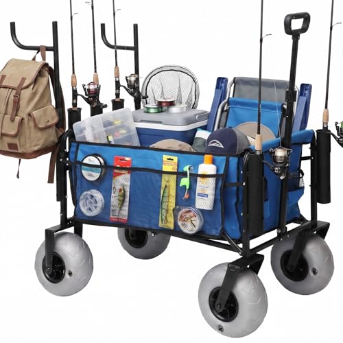 Fishing Cart with Big Wheels for Sand, 9" All-Terrain Wheels, Beach Wagon for Sand, Equipped with a Rod Holder and Side Pockets for All Your Fishing, Camping or Beach Supplies, Blue & White