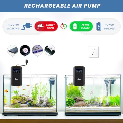 AQQA Aquarium Air Pump Quiet Fish Tank Aerator Pump Powerful Rechargeable Fish Oxygen Pump Battery Operated Dual Outlets with Air Stones,Air Tube & Check Valve (5W 150GPH) - size: 5W for up to 180 Gal