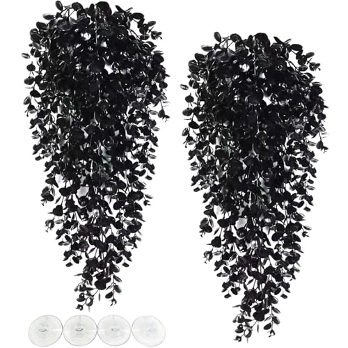 Reptile Plants, 2 Pack Hanging Terrarium Plants, Artificial Leaves Habitat Decorations with Suction Cup, Fake Amphibian Plants for Bearded Dragon Lizard Hermit Crab Geckos Chameleon(Black) - size: 2 PCS