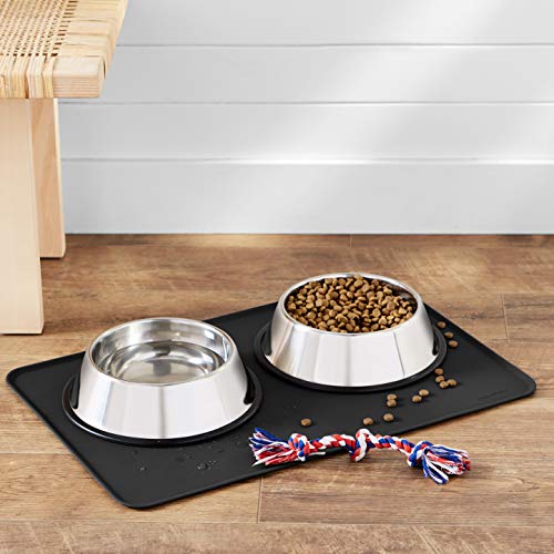 Amazon Basics Waterproof Non-Slip Silicone Pet Feeding Mat with Raised Edges, Prevents Spills, Easy to Clean, Protects Floors for Cat & Dog Food and Water Bowls, 24 x 16 Inches, Black - color: Black, style: 24" x 16"