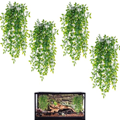 Reptile Plants, 4 Pack Terrarium Hanging Plants Vines Artificial Leaves Habitat Decorations with Suction Cup for Bearded Dragon Hermit Crab Lizard Snake Geckos Chameleon - color: 4 Pack