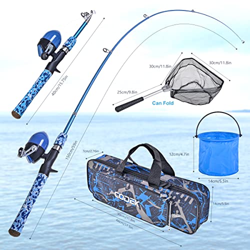 CODEK Kids Fishing Pole Set with Full Starter Kits 2 Set Portable Telescopic Fishing Rod and Spincast Reel Cambos with a Fishing Net and 2 Buckets for Boys Girls and Youth - color: Blue-