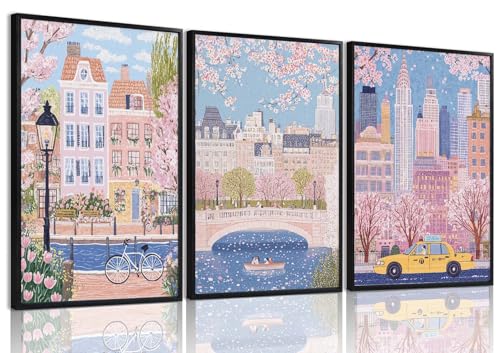 XLARTMY Watercolor City Landscape Travel Wall Art Canvas Framed Pink Cherry Flower Poster Girly Prints Painting Pictures Set of 3 for Bedroom Living Room Office 12x16in Unframed - color: Watercolor City PB, size: 12x16in Poster