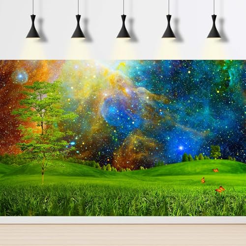 Fantasy Nightly Sky Aquarium Background Abstract Meadow Natural Landscape Fish Tank Background Stars Under Blue Nightly Sky Terrarium Backgrounds Mountains Pine Trees Reptile Tank Backgrounds 24x12in - color: Green_Blue, size: 24(W)x12(H)inches/ 60(W)*30c