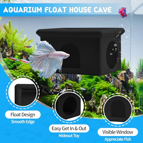 Floating Betta Fish Hammock Cave House for Aquarium, 3D Printed Betta Shrimp Feeder & Hideout Cave Toys, Small Aquarium Feeding Ring Decor, Turtle Fish Tank Decorations Accessories -Black - color: Dark Black