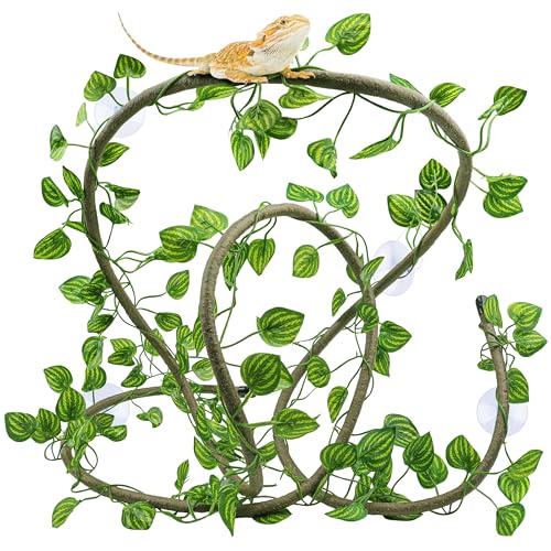 Reptile Tank Accessories, Artificial Plants Vines and Flexible Leaves With Suction Cups, Crested Gecko Tank Long Vines Hide for Climbing, Chameleon, Lizards
