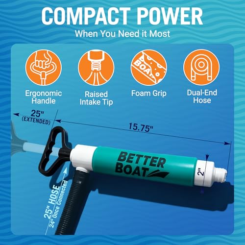 Manual Bilge Pump for Kayak Canoe Dinghy, Handheld Siphon Bailer with 24 Inch Hose, Floats if Dropped Overboard, Portable Hand Pump, Teal - Better Boat - color: Teal