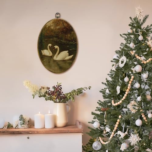 XFCICRLJ Vintage Fall Swan Wall Art Decor, Rustic Farmhouse Swan Oval Canvas Prints Framed, Moody Cottagecore Antique Elegant Animal Wall Art Decorations for Home Bedroom Living Room Decor, 11x8.5 Inch - color: Swan01