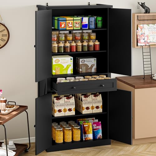 BORNOON Pantry Organizers and Storage Cabinet, 67.7” Barn Door White Kitchen Cabinet with Drawers and Adjustable Shelf, Tall Pantry for Kitchen, Dining Room, Living Room - color: Black, size: Single Drawer