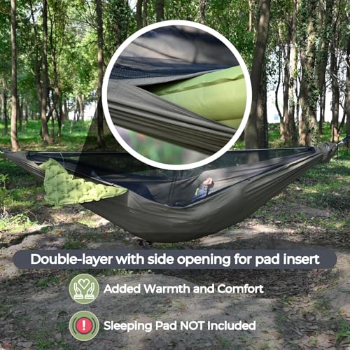 Onewind 11ft Zipper Hammock with Mosquito Net for Camping, Portable Double-Layer Northers Hammock with Adjustable Ridgeline for Camping, Hiking and Backpacking, OD Green, Sleeping Pad Not Included - color: Od Green-double Layer Hammock Bed, size: 11' x 64