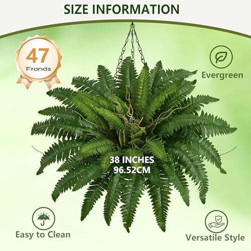 38In Artificial Boston Ferns Bush, Set of 2 Large Faux Ferns Plants, 47 Branches Fake Ferns for Home Living Room Decor, Indoor and Outdoor - size: 2 PCS-38"
