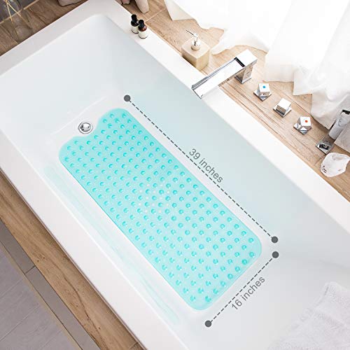 TEESHLY Bathtub Mats for Shower Tub, Extra Long Non-Slip 39 x 16 Inch Bath Mat with Drain Holes and Suction Cups, BathMat for Bathroom with Machine Washable (Clear Turquoise) - color: Clear Turquoise