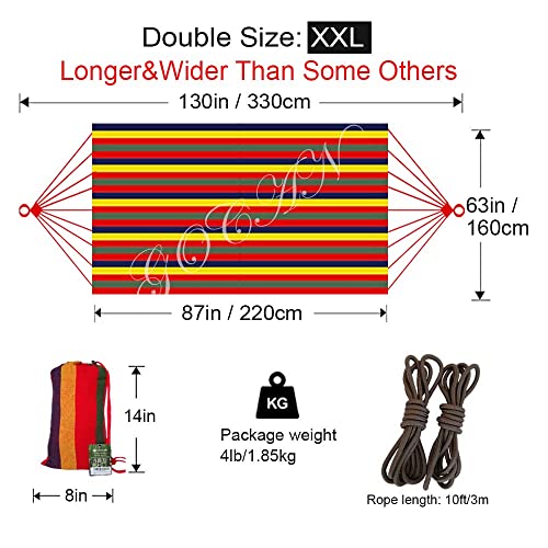 GOCAN Brazilian Double Hammock 2 Person Extra Large 220x160cm Total Length 330cm Load 500lb Canvas Cotton Hammock for Patio Porch Garden Backyard Lounging Outdoor and Indoor(Rainbow) XXL - color: Rainbow Stripe