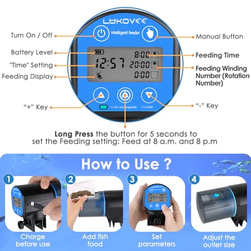 Lukovee Automatic Fish Feeder,New Generation Feeding Time Display USB Rechargeable Timer Moisture-Proof Aquarium or Fish Tank Food Dispenser with 200ML Large Capacity for Vacation Weekend Holiday,Blue