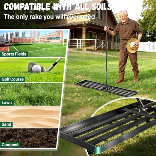 48X12 inch Lawn Leveling Rake,Leveling Rake 78" Long Handle, Yard Level Rake,Heavy Duty Leveling Rakes Suit for Garden,Golf Lawn and Farm,Effort Saving Tool for Soil Grass Golf Field - size: 48x12in
