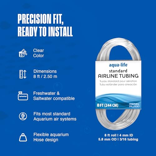 Penn-Plax Aqua-Life Standard Airline Tubing - 3/16 Inch Flexible Airline Hose for Aquarium Pumps, Fish Tank Line for Air Stones & Filters - Safe for Freshwater & Saltwater - 8 ft Long, Clear - size: 8 Feet, style: Plastic
