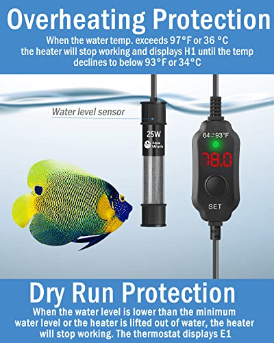 AquaMiracle Aquarium Heater 25W Fish Tank Heater for 3-5 Gal Tanks, LED Digital Display Thermostat Turtle Heater with Out-of-Water Auto Shut-Off, Overheat Protection & Memory Function - size: For 3-5 Gal Tank