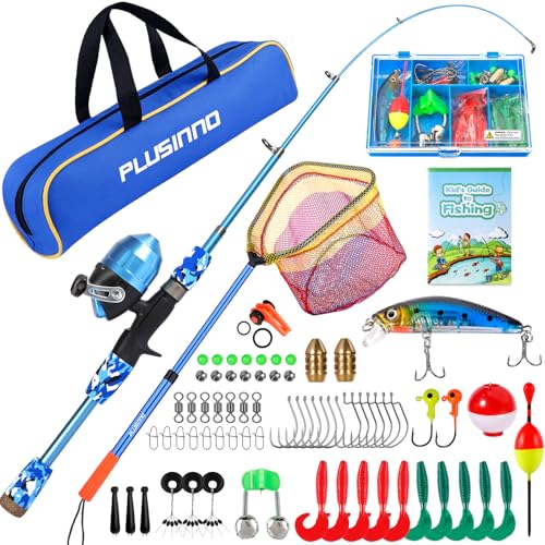 PLUSINNO Kids Fishing Pole with Spincast Reel Telescopic Fishing Rod Combo Full Kits for Boys, Girls, and Adults - color: Blue (with Fishing Net), size: 5FT / 1.5M