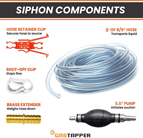 GasTapper Fuel Transfer Pump - Gas Siphon Pro Pump for Gasoline, Oil, Diesel, Water, Liquid, Fluid - Portable Hand Gas Pump Includes Brass Tip Weight, 9 Ft Hose and Pinch Clip - 3.5 Gls/Min - style: SiphonPro