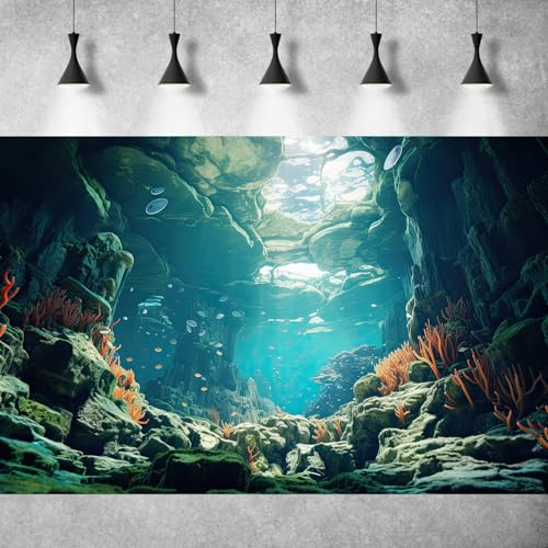 Under The Sea Aquarium Background Colorful Corals and Reef Large Rocks Terrarium Background Tropical Theme Underwater World Fish Tank Background Underwater Rock with Moss Aquarium Backdrop 24x12in - color: Undersea Blue, size: 24(W)x12(H)in