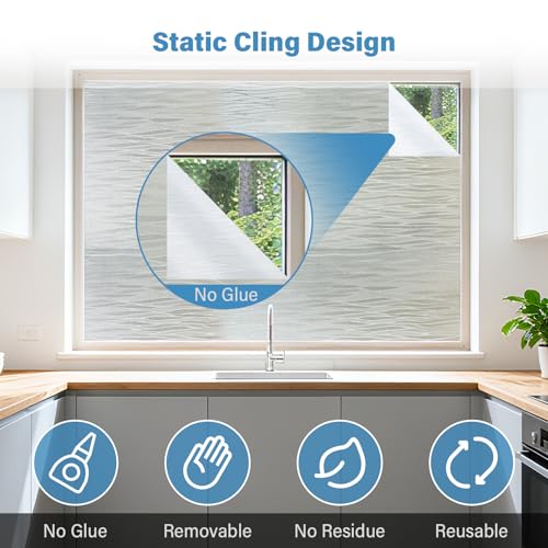 Finnez Frosted Privacy Window Film Static Cling, Non-Adhesive Decorative Cover for Glass Door & Windows, No Glue Removable Clings UV Blocking Waves Design for Home Office 29.5 x 78.7 Inches - color: Line Pattern, size: 29.5 x 78.7 inches