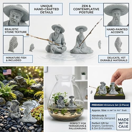 LIYAOLI 2 PCS Mini Fisherman Statue for Aquarium Decor - Sandstone Japanese Fishing Figurine, Fish Tank Ornament, Zen Garden Sculpture & Home Decoration - color: 2 Pcs Fisherman