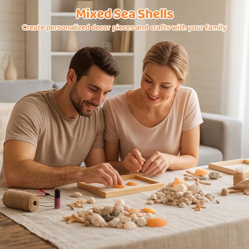 200-320 Pcs Mixed Sea Shells for Crafting, 1000 g Natural Seashells with Plastic Starfish, Various Sizes Seashells for Decoration, DIY Craft Projects, Home Decor and Fish Tank