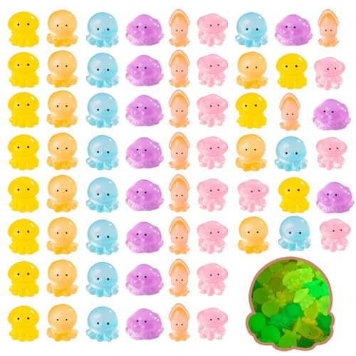 60 pcs Mini Resin 6 Styles Ocotopus Tiny Luminous Animals Figures Miniature Little Small Animal Figurines Bulk for Micro Fairy Garden Landscape Accessories Hide Crafts Decor Aquarium - color: Octopus-60p