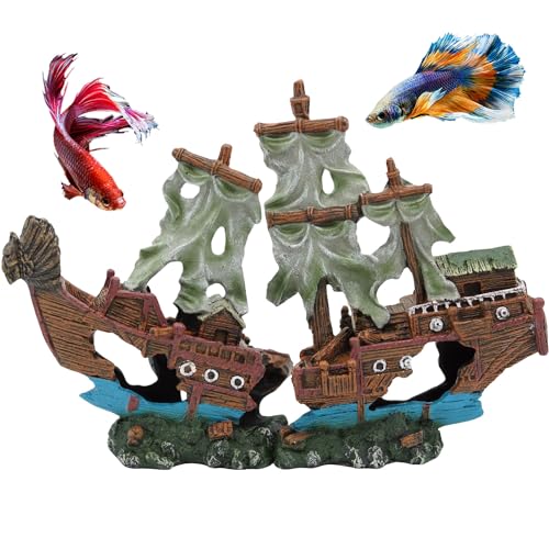 Shipwreck Aquarium Decorations Pirate Ship Ornament w/Sail (2 Pieces) 5 Gallons and Larger Fish Tank, Sunken Ship Decoration Ornaments, Decorative Resin Boat for Freshwater Saltwater Decor - size: 10" x 7.1"