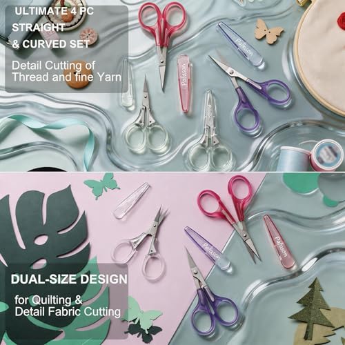 PAFASON Small Travel Craft Scissors Set Straight Curved Precision Tip All Purpose for Scrapbooking Quilting Sewing Knitting Embroidery Cross Stitch Crochet Thread Yarn Paper Detail Cutting Safety Case - style: Contemporary