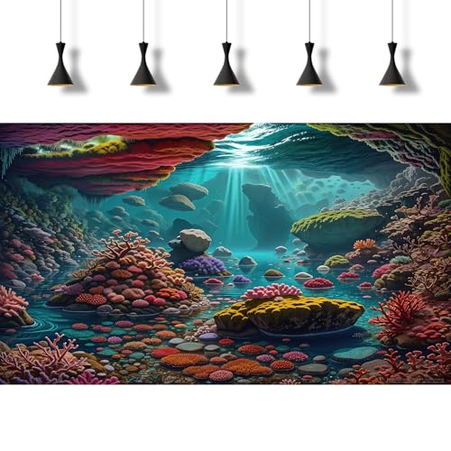 Under The Sea Aquarium Background Underwater Scene Tropical Corals Fish Tank Background Deep Ocean Sea Colourful Reefs Cave Sunray Aquarium Tank Backgrounds Ocean Seabed Life Backgrounds 24x12in - color: Red_Brown, size: 24(W)x12(H)inches/ 60(W)*30cm(H)