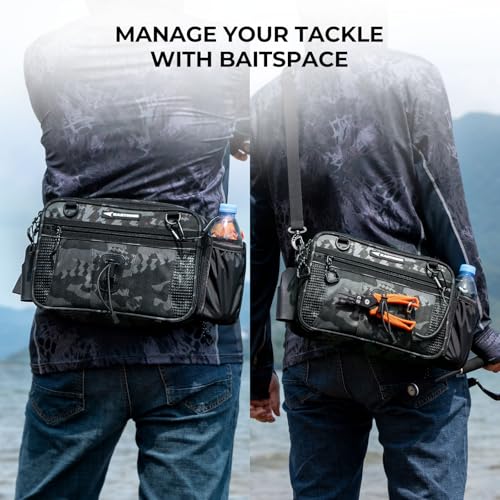 KastKing BaitSpace Waist Bag – Waterproof Tackle Storage Bag With Adjustable Belt, Fishing Fanny Pack for Men, Soft Bait Organizer, 3600 Utility Box, Rod Holder, Nylon - color: Black Camo